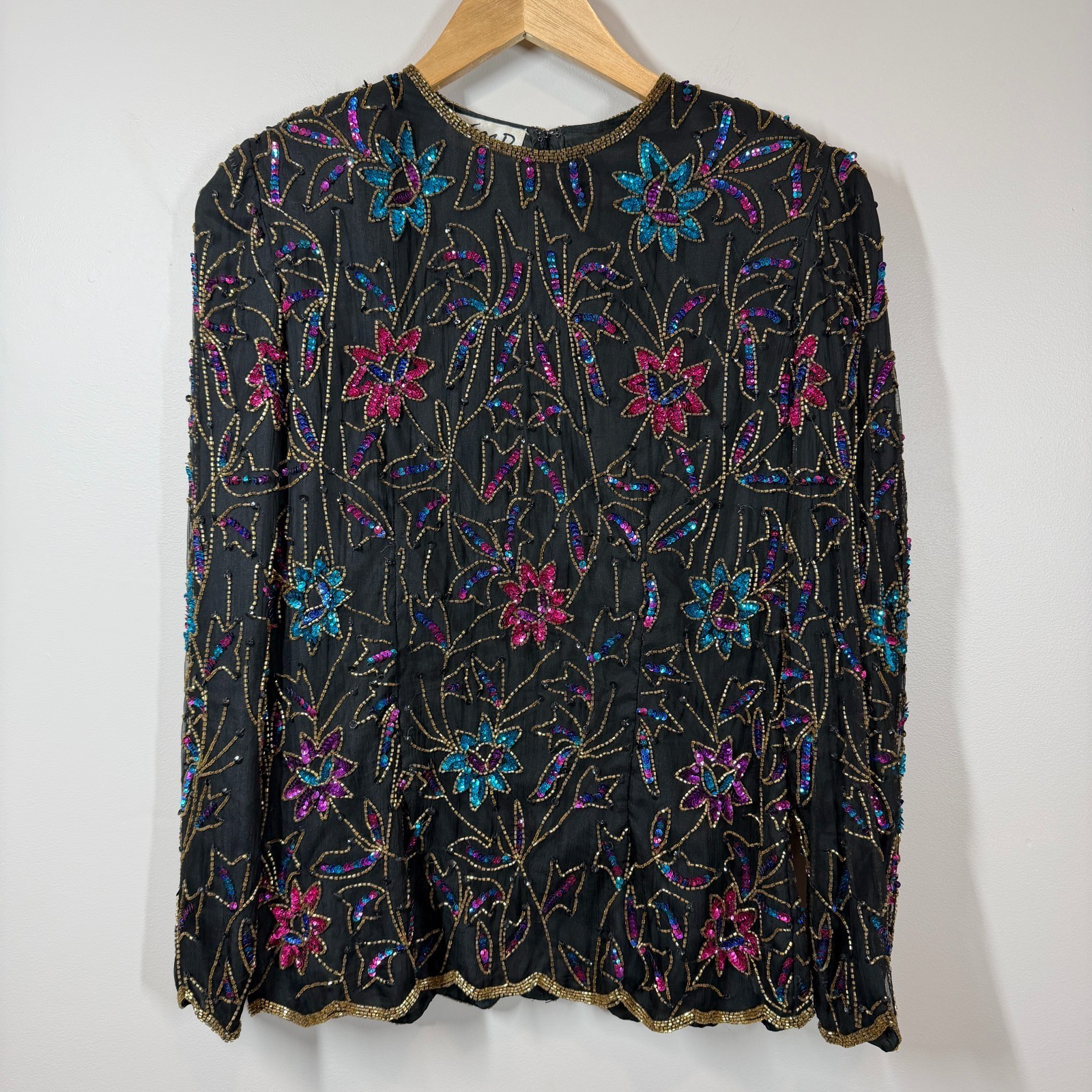 Jmd New York Vintage Black Silk Beaded Sequin Floral Evening Blouse Top